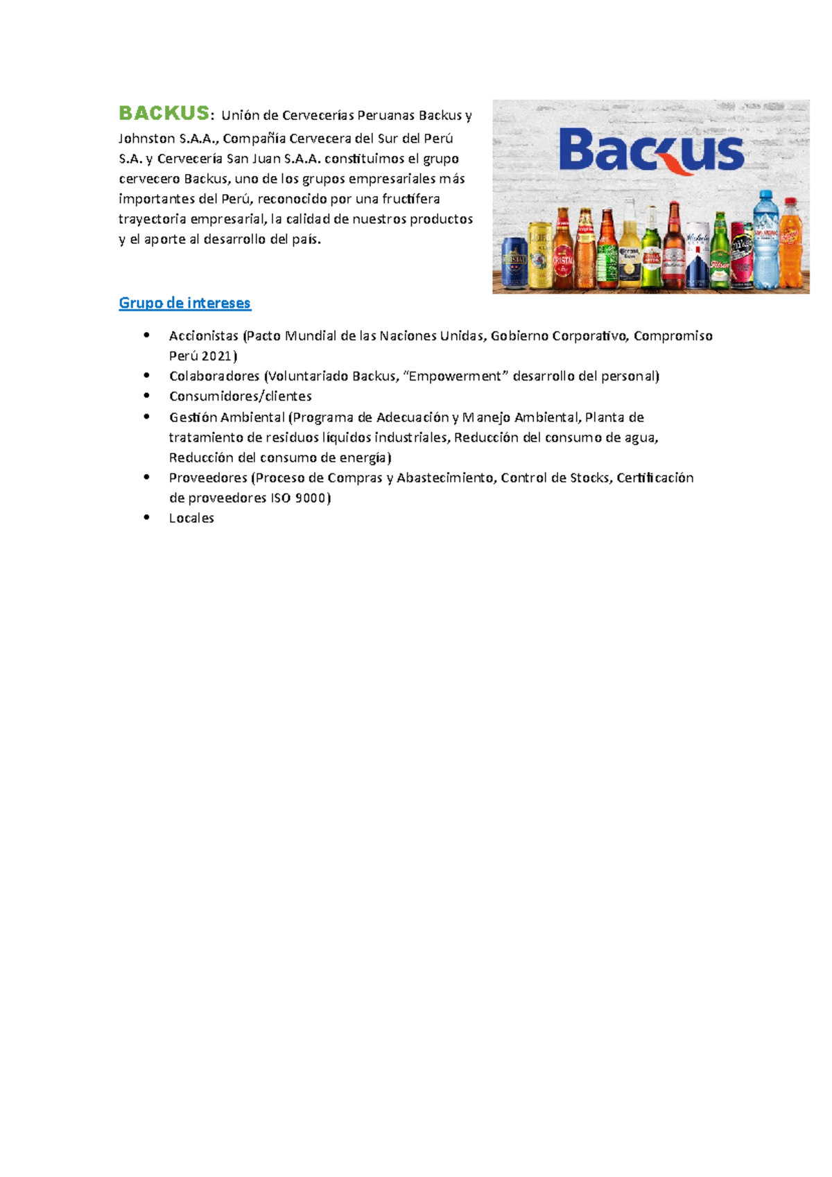 Backus - trabajo realizado - BACKUS: Unión de Cervecerías Peruanas ...