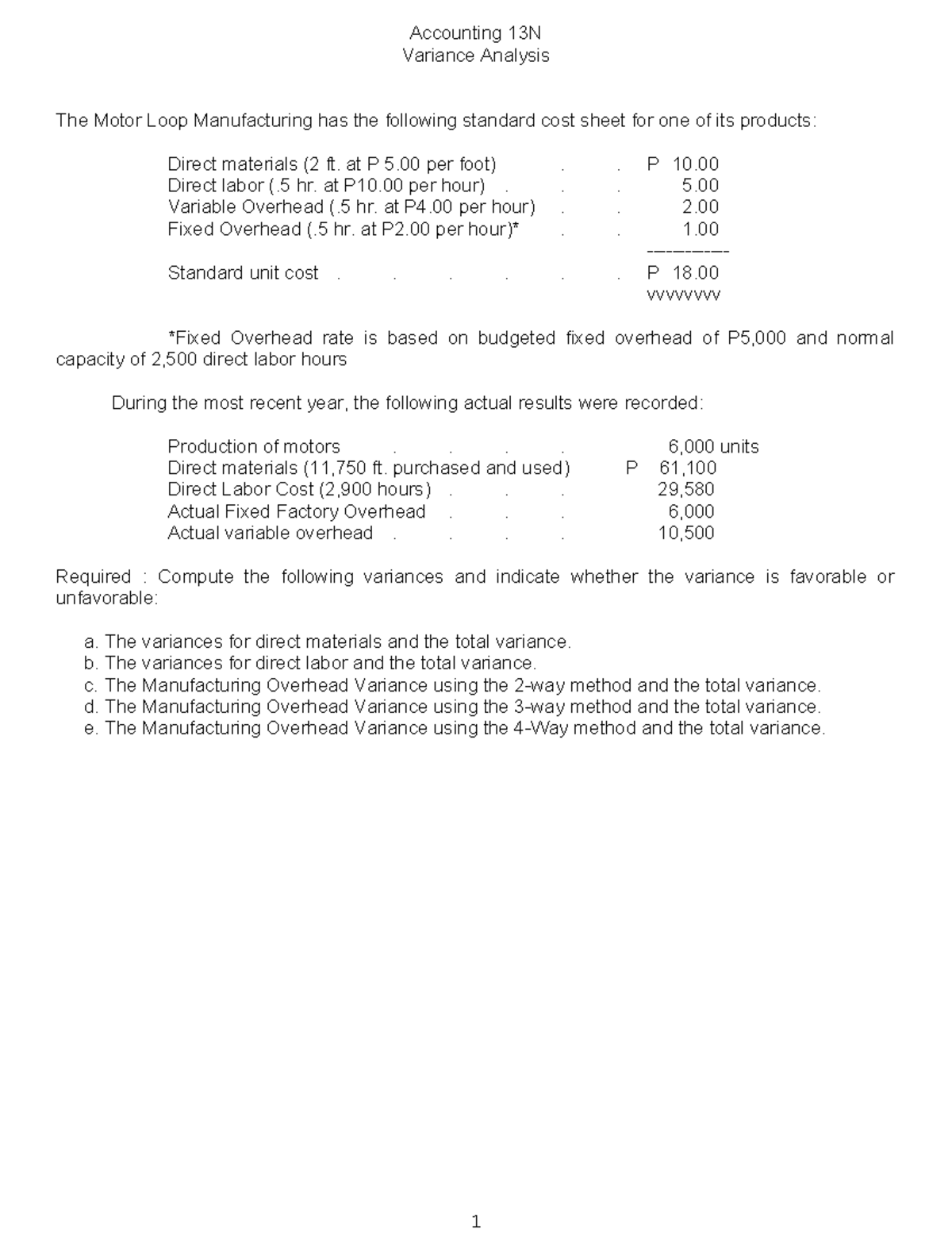 Variance-sample problem - Accounting 13N Variance Analysis The Motor ...