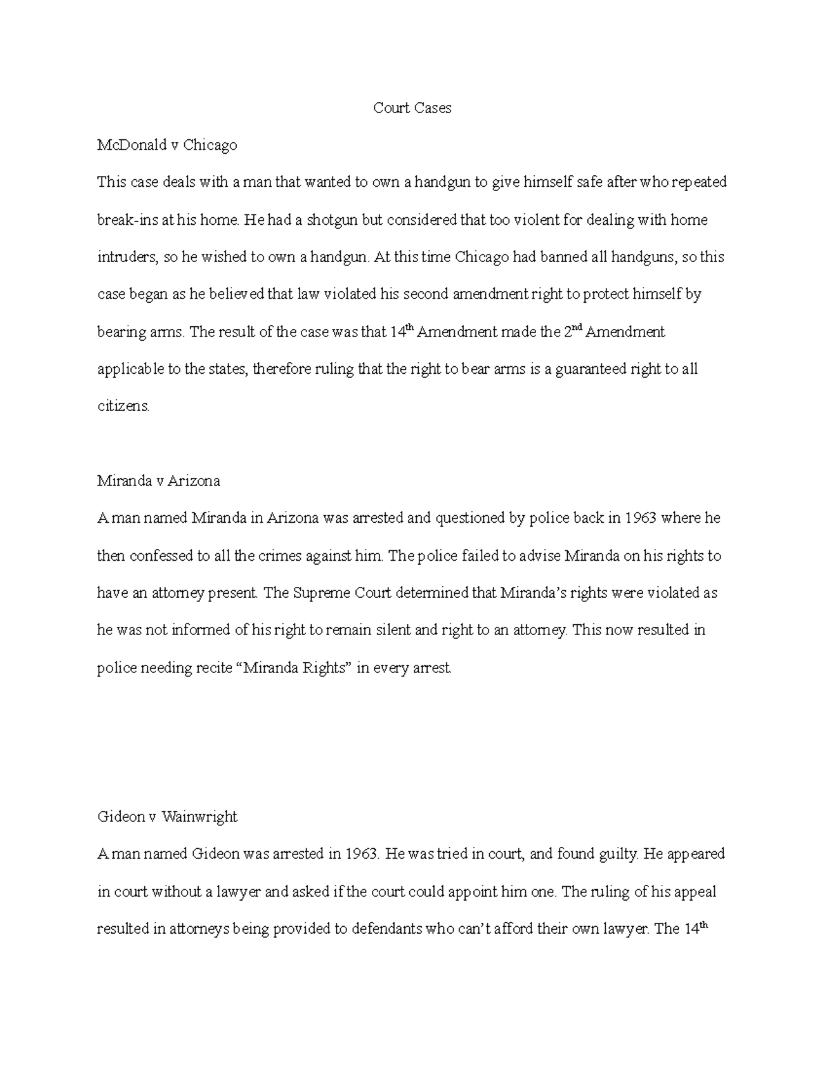 4 Main Court Cases Court Cases McDonald v Chicago This case deals