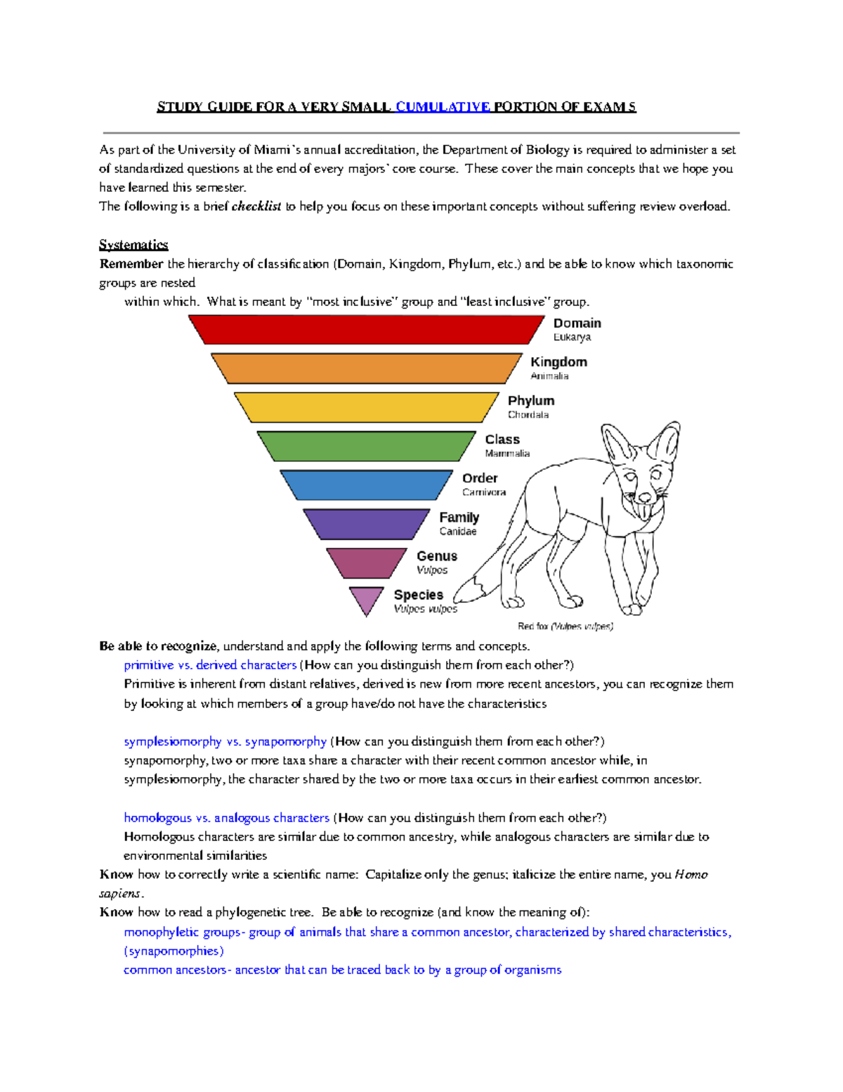 Bio Final Exam Study Guide - STUDY GUIDE FOR A VERY SMALL CUMULATIVE ...