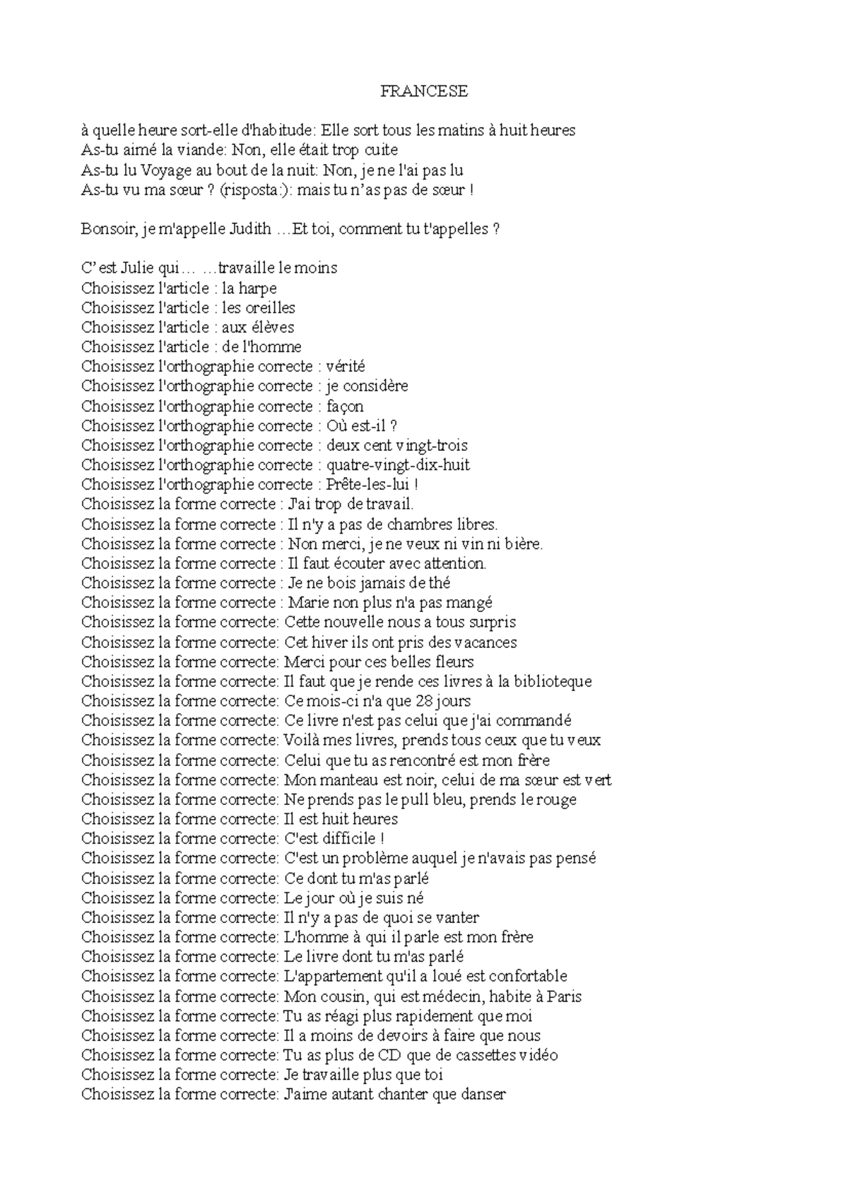 Francese pdf FRANCESE à quelle heure sortelle d'habitude Elle sort
