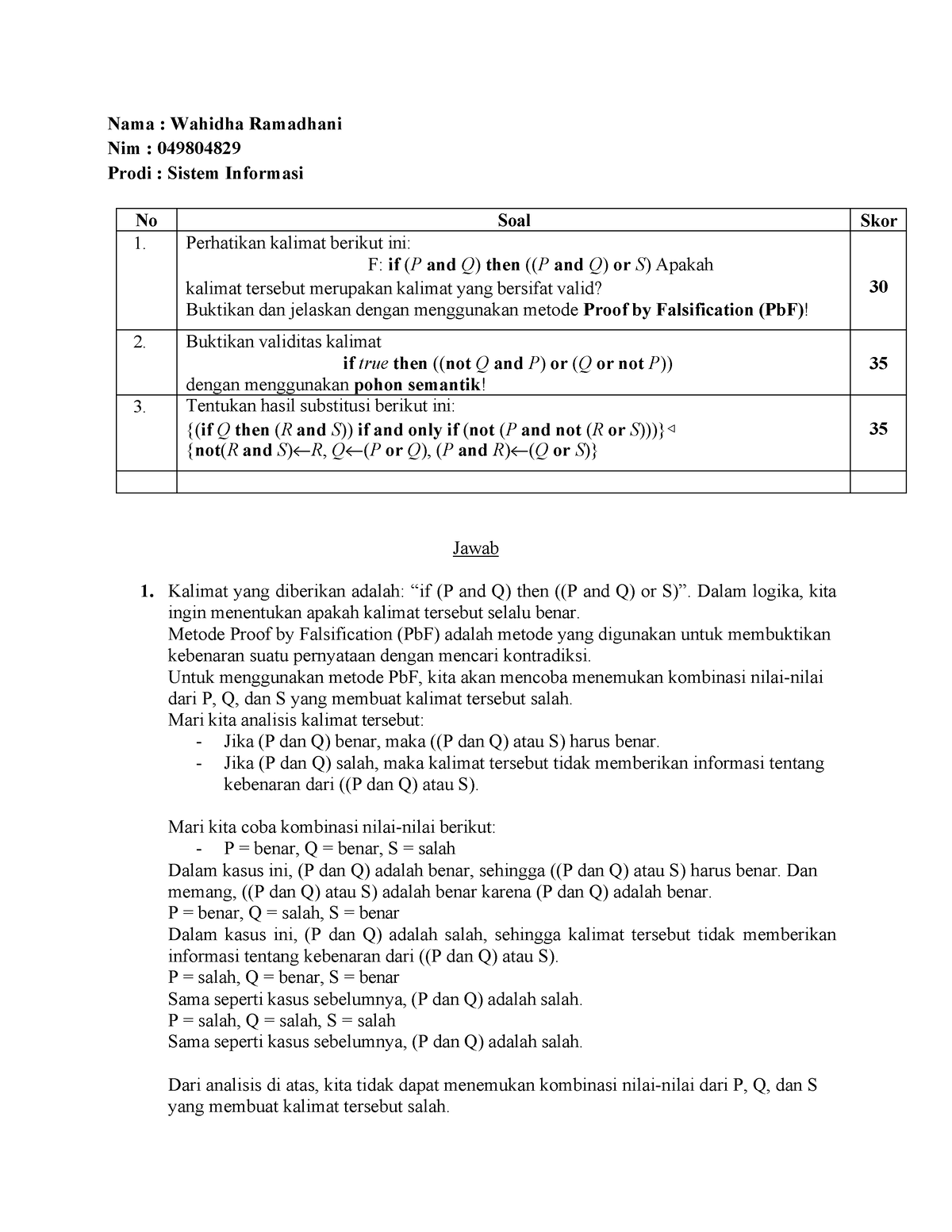 Tugas 2 MSIM4103 - Logika Informatika - Nama : Wahidha Ramadhani Nim ...