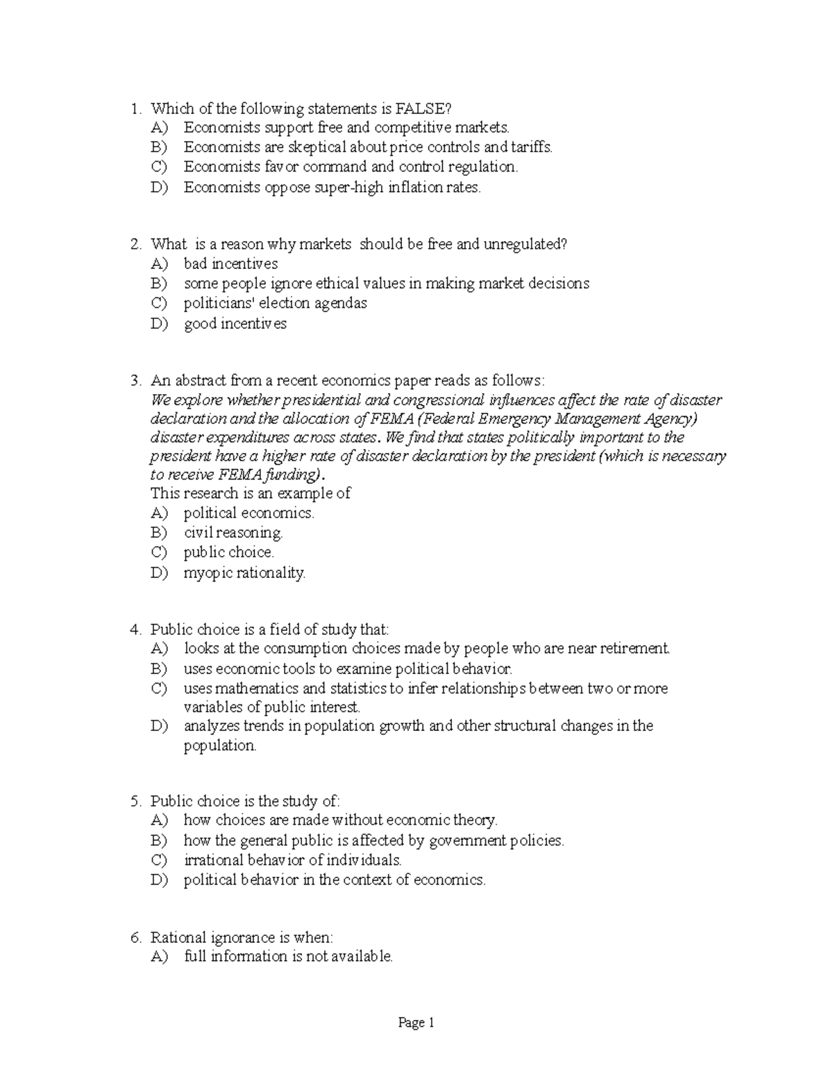 Chapter 20- Political Economy and Public Choice - 1. Which of the ...