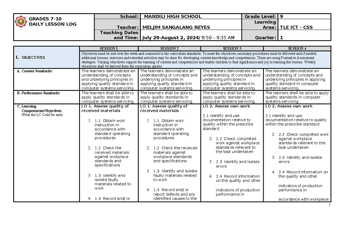 DLL Grade 9 ICT-CSS Week 1 - GRADES 7- DAILY LESSON LOG School: MANDILI ...