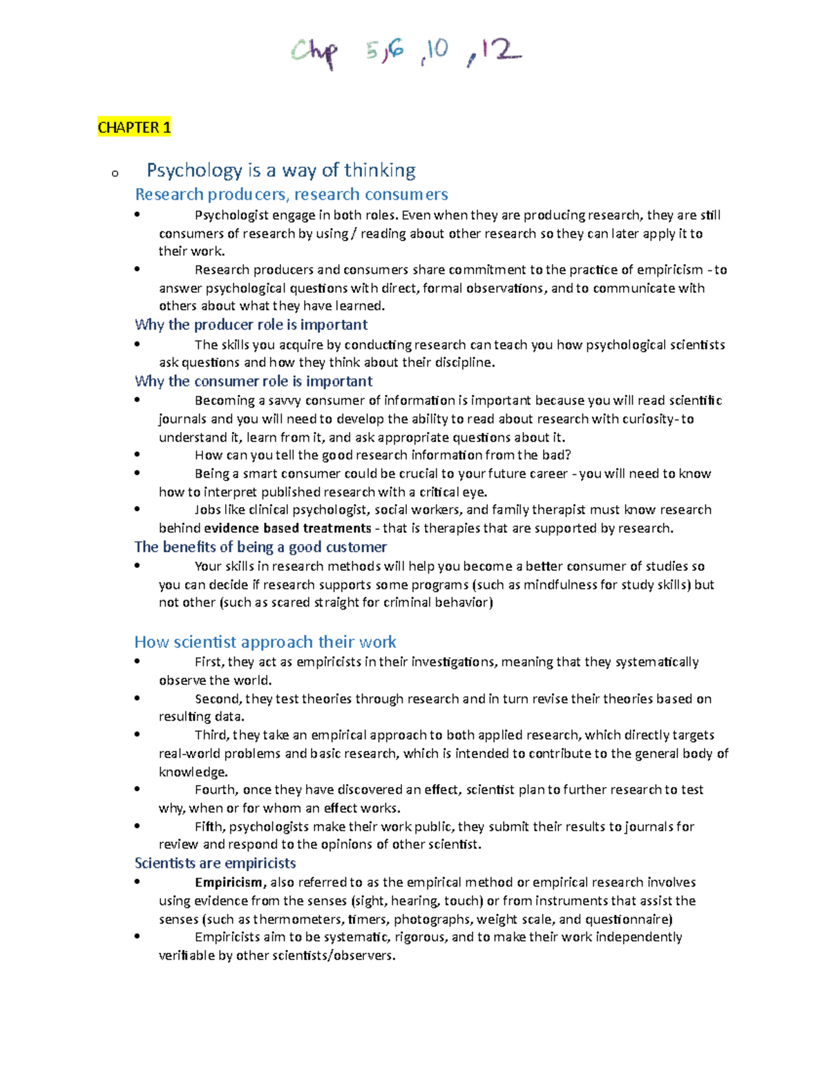 PSYB70 Tbnotess 2 CHAPTER 1 o Psychology is a way of thinking