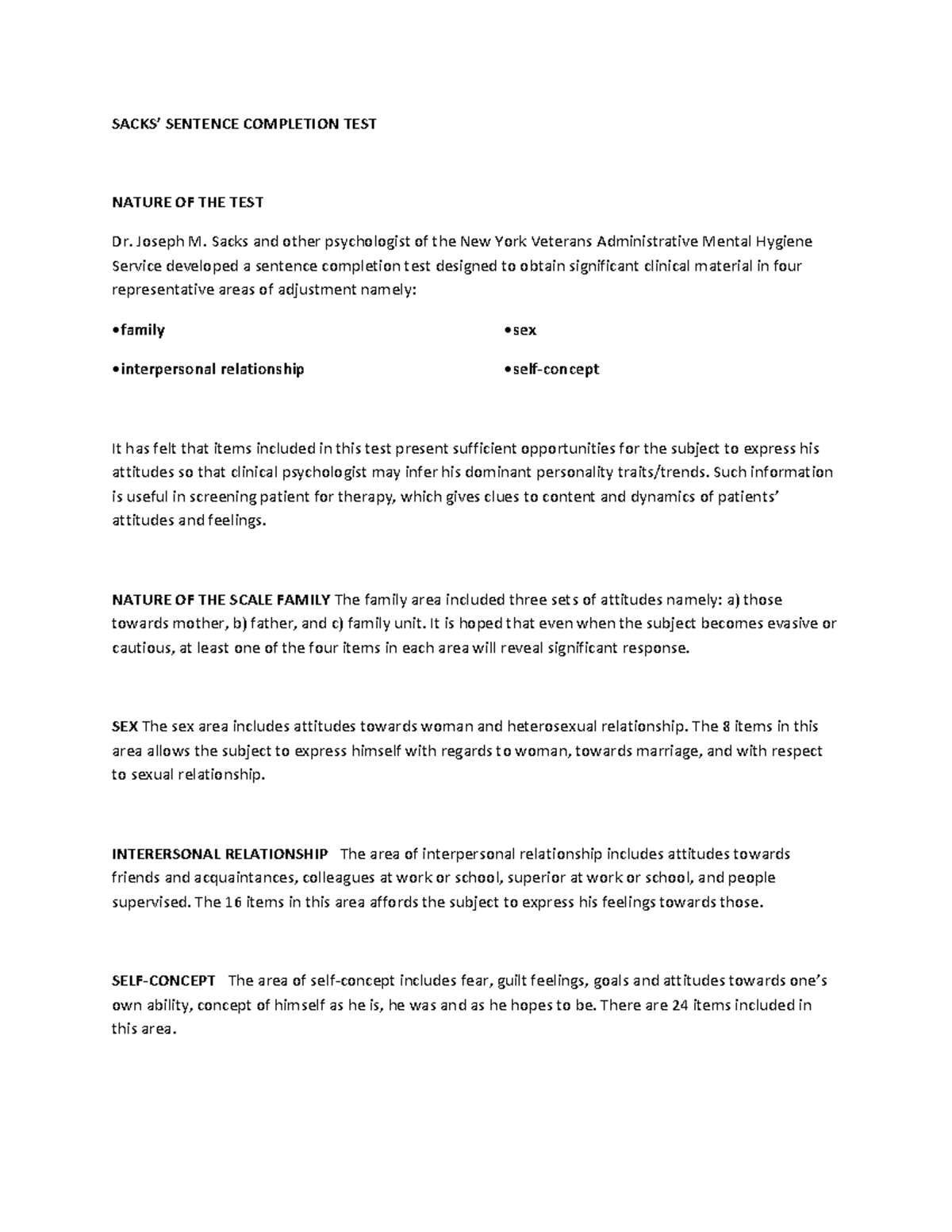 Toaz - Document - SACKS’ SENTENCE COMPLETION TEST NATURE OF THE TEST Dr ...
