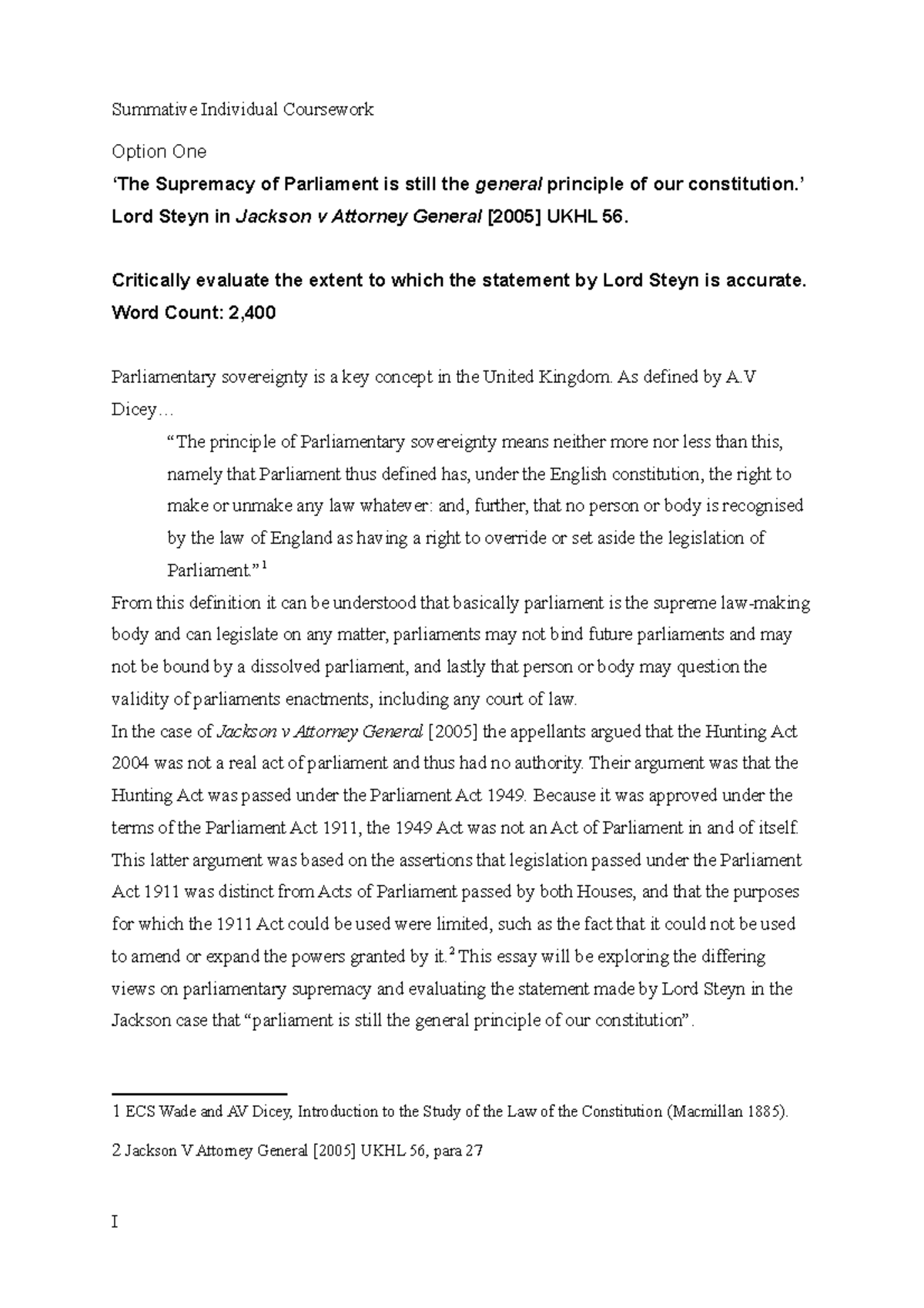 Public law summative individual coursework - parliamentary supremacy ...