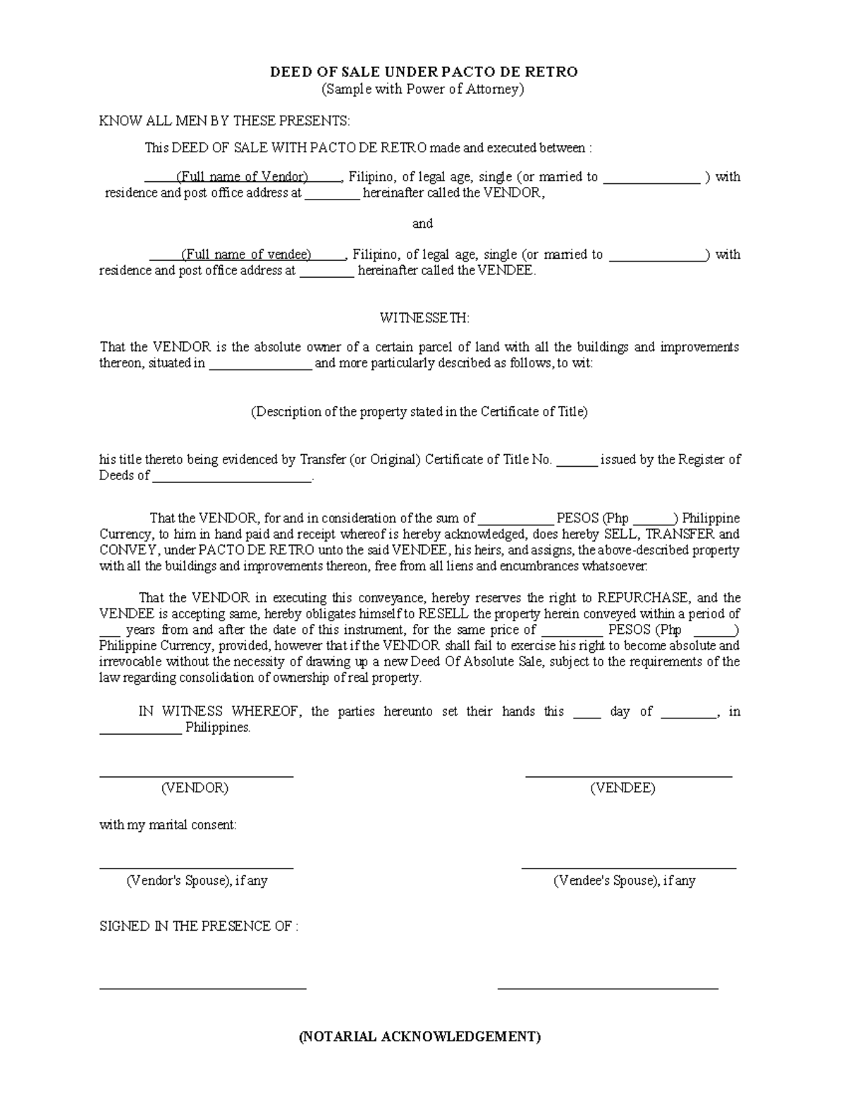 Template- deed of sale - DEED OF SALE UNDER PACTO DE RETRO (Sample with ...