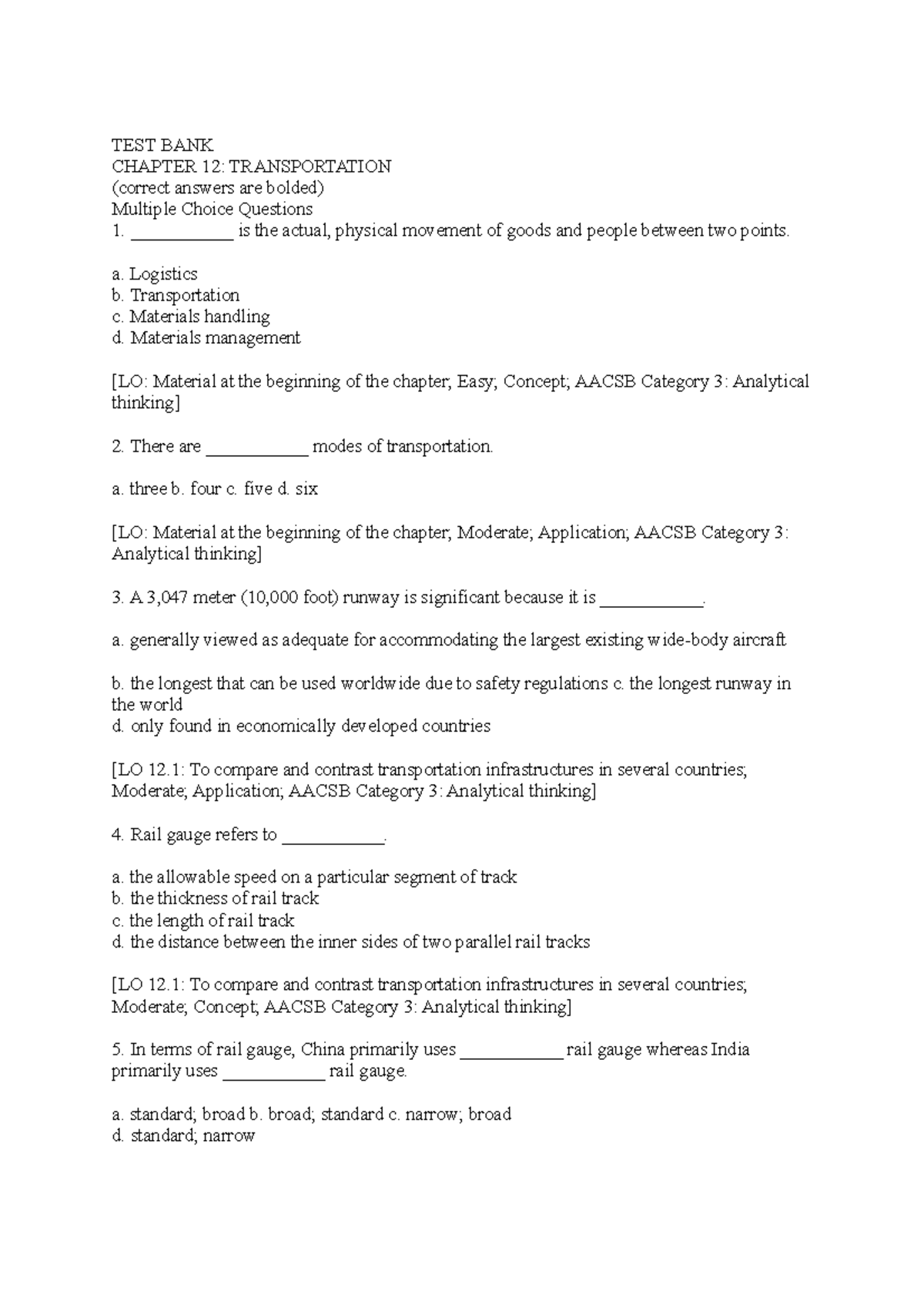 Chapter 12 TB - TEST BANK CHAPTER 12: TRANSPORTATION (correct Answers ...