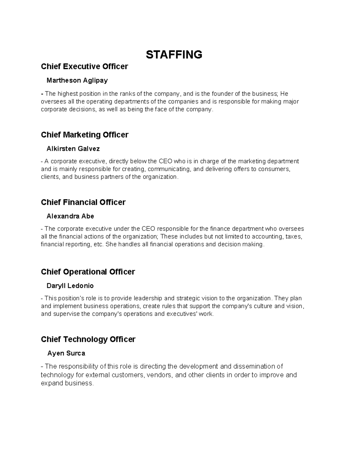 Staffing - Notes - STAFFING Chief Executive Officer Martheson Aglipay ...