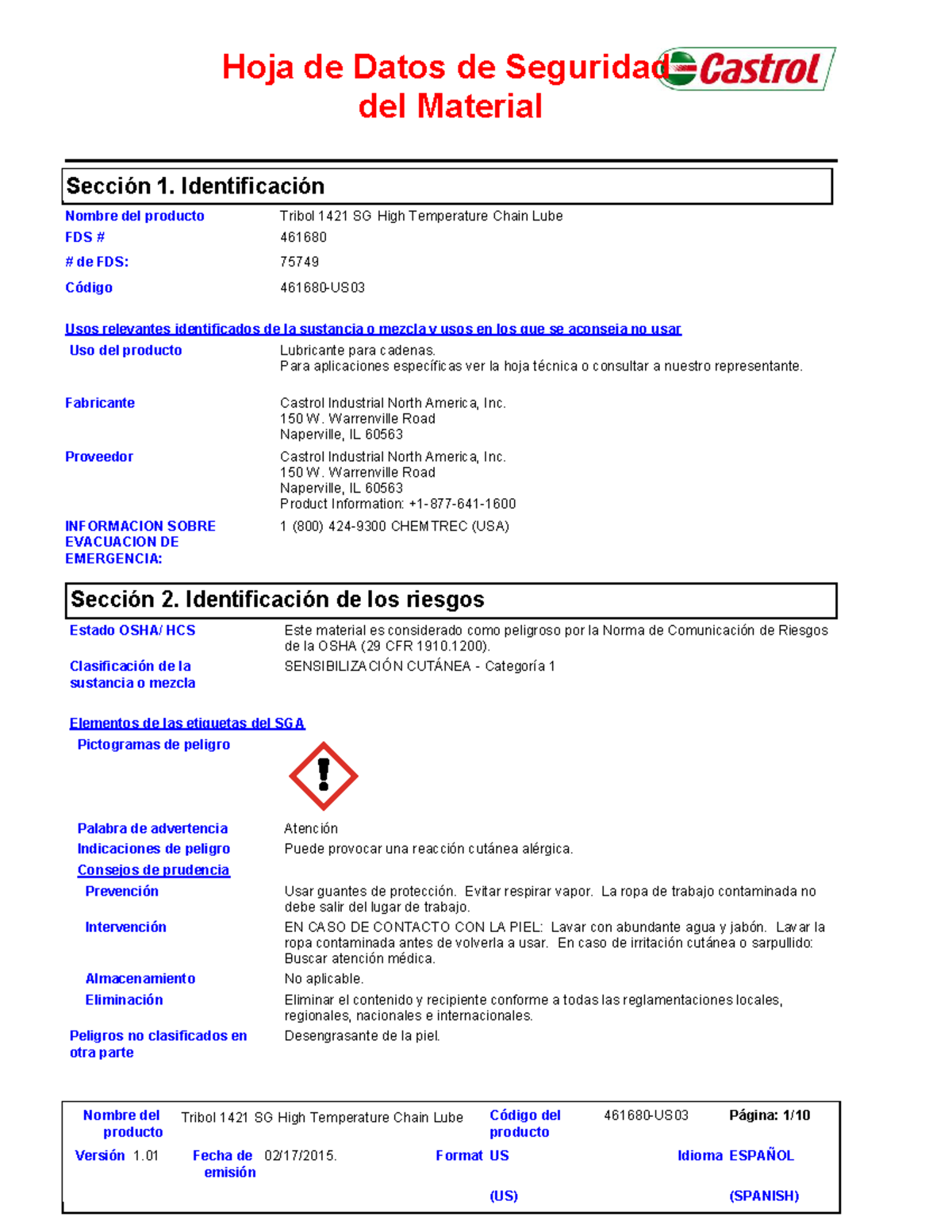 HDS Aceite Tribol 1421SG Tribol 1421 SG High Temperature Chain Lube