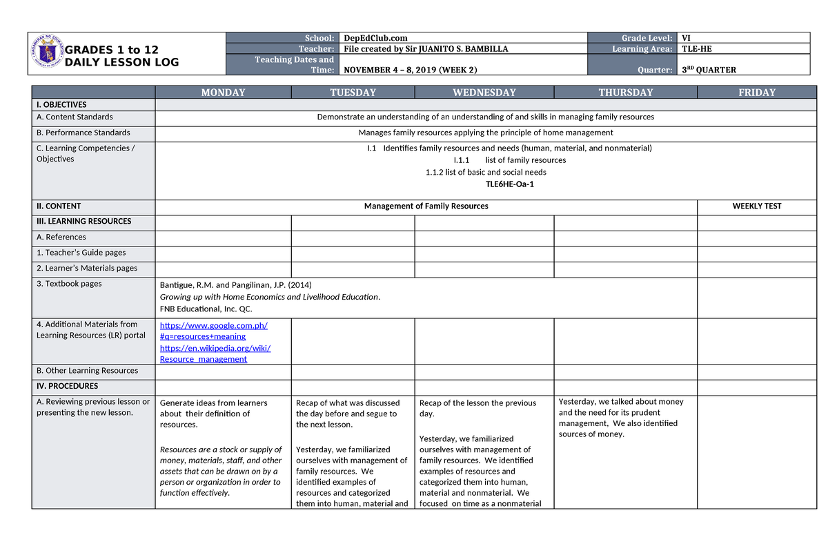 DLL TLE-HE 6 Q3 W2 - Sdgsdg - GRADES 1 To 12 DAILY LESSON LOG School ...