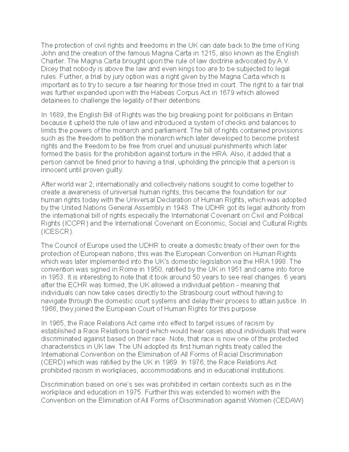 Protection of HR in UK prior to HRA - The protection of civil rights ...