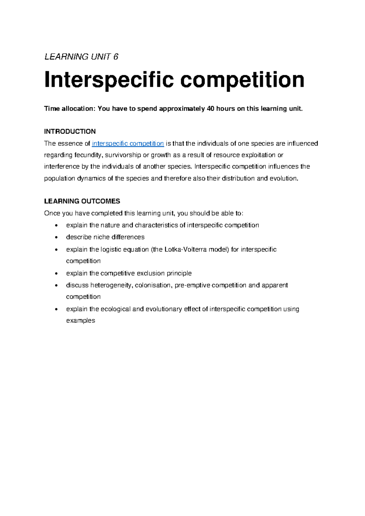ZOL3702 Study Guide Learning Unit 6 - LEARNING UNIT 6 Interspecific ...