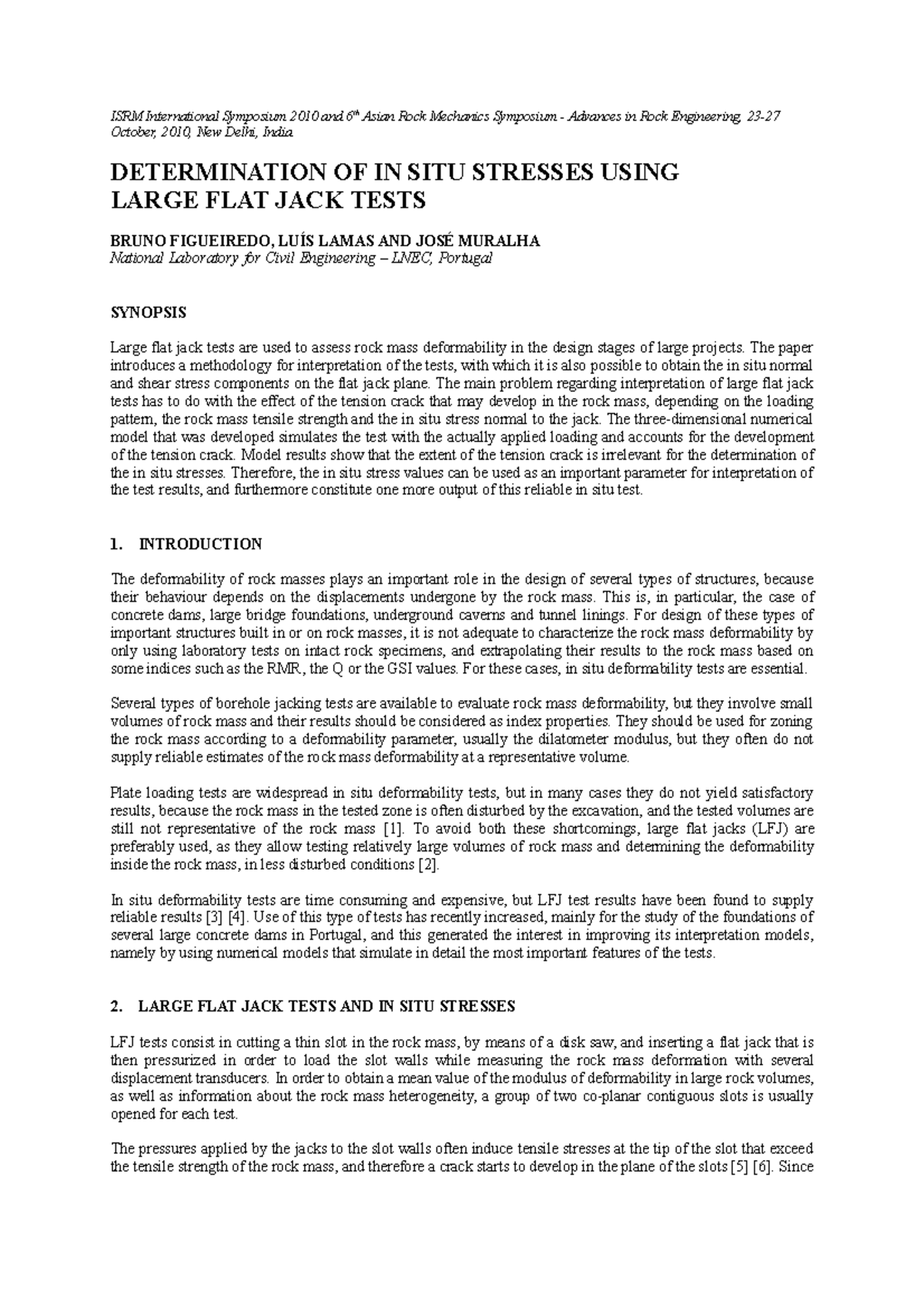 Determination of in situ stresses using large flat jack tests - ISRM ...
