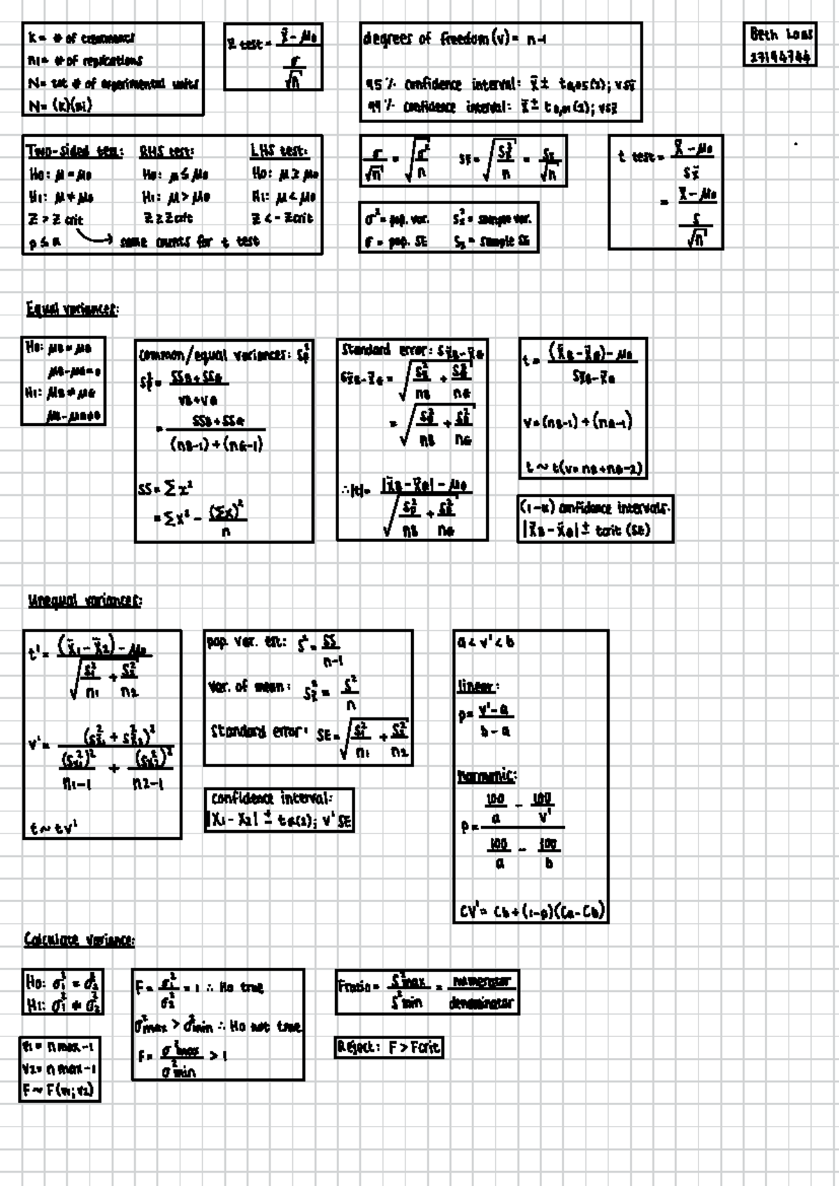 A1.1 Formula Sheet - k = # of treatments E test = X-Mo degrees of ...