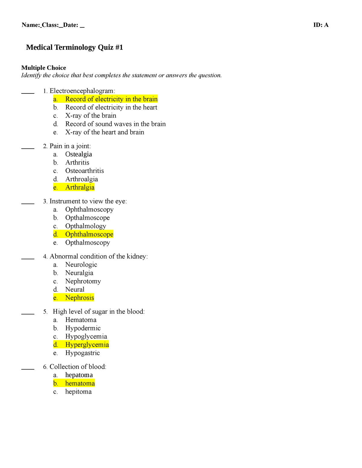 medical terminology assignment 1.3 answers