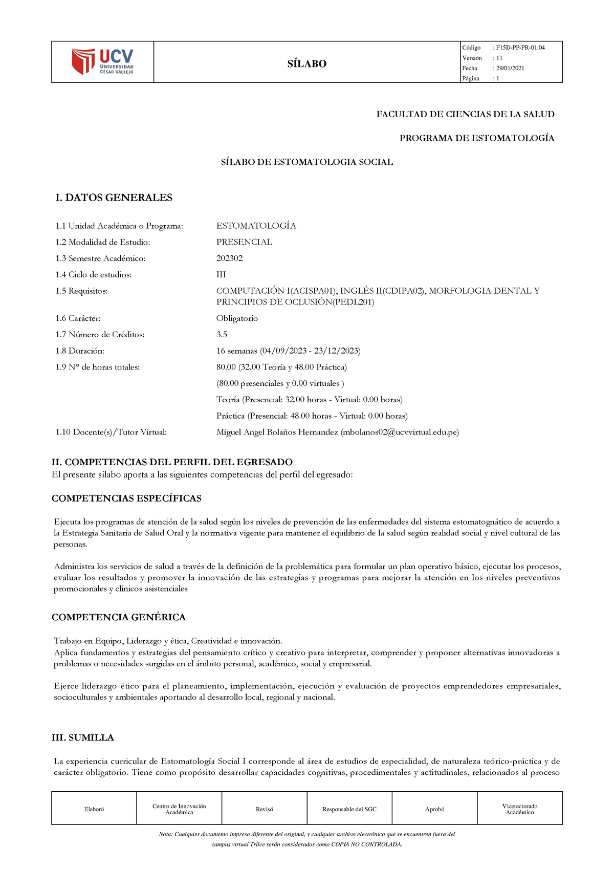 Silabo Estomatología Social Facultad De Ciencias De La Salud Programa De EstomatologÍa SÍlabo 0943