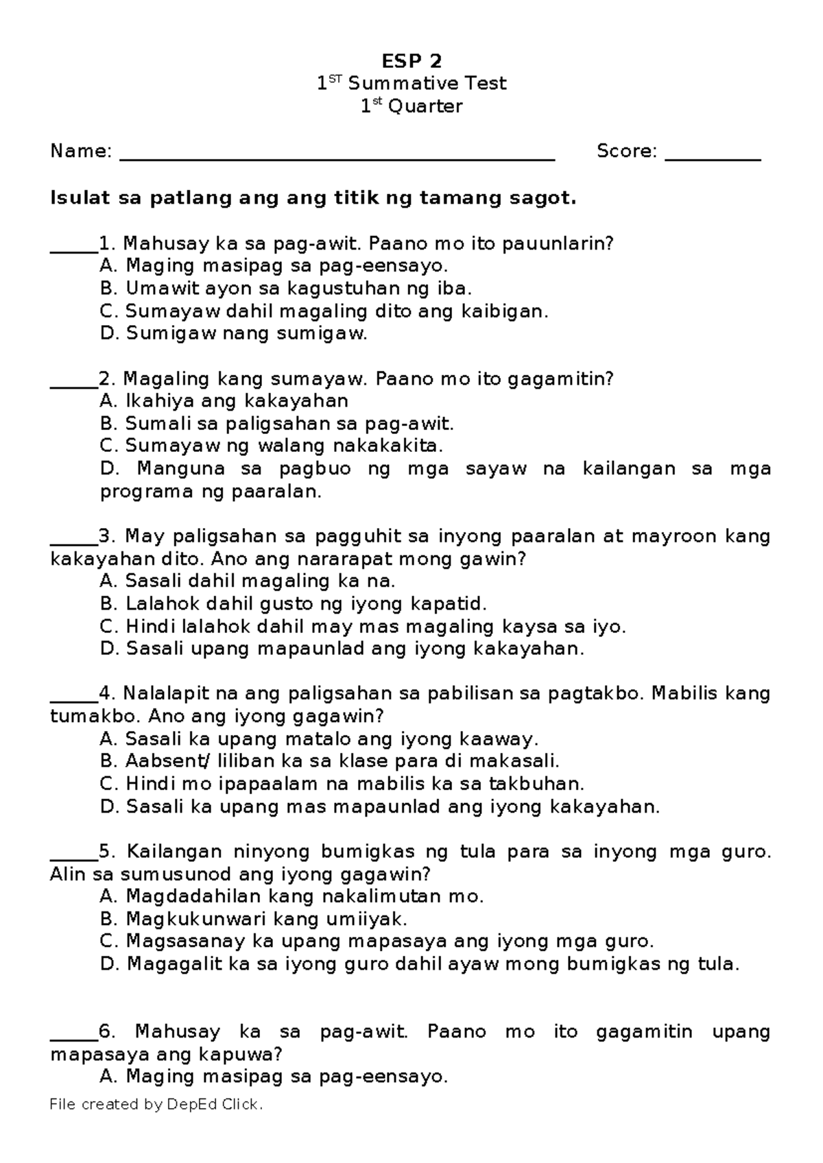 ESP2 ST1 Q1 - ESP2 ST1 Q1 - ESP 2 1 ST Summative Test 1 st Quarter Name ...