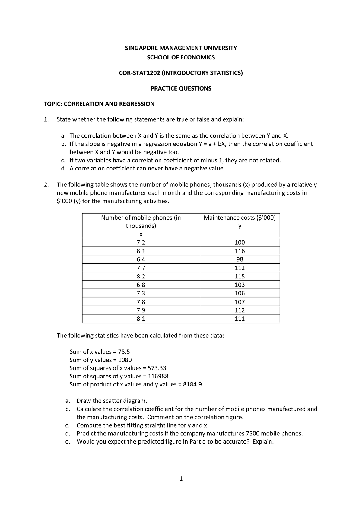 Topic 7 - correlation and regression (questions) - 1 SINGAPORE ...