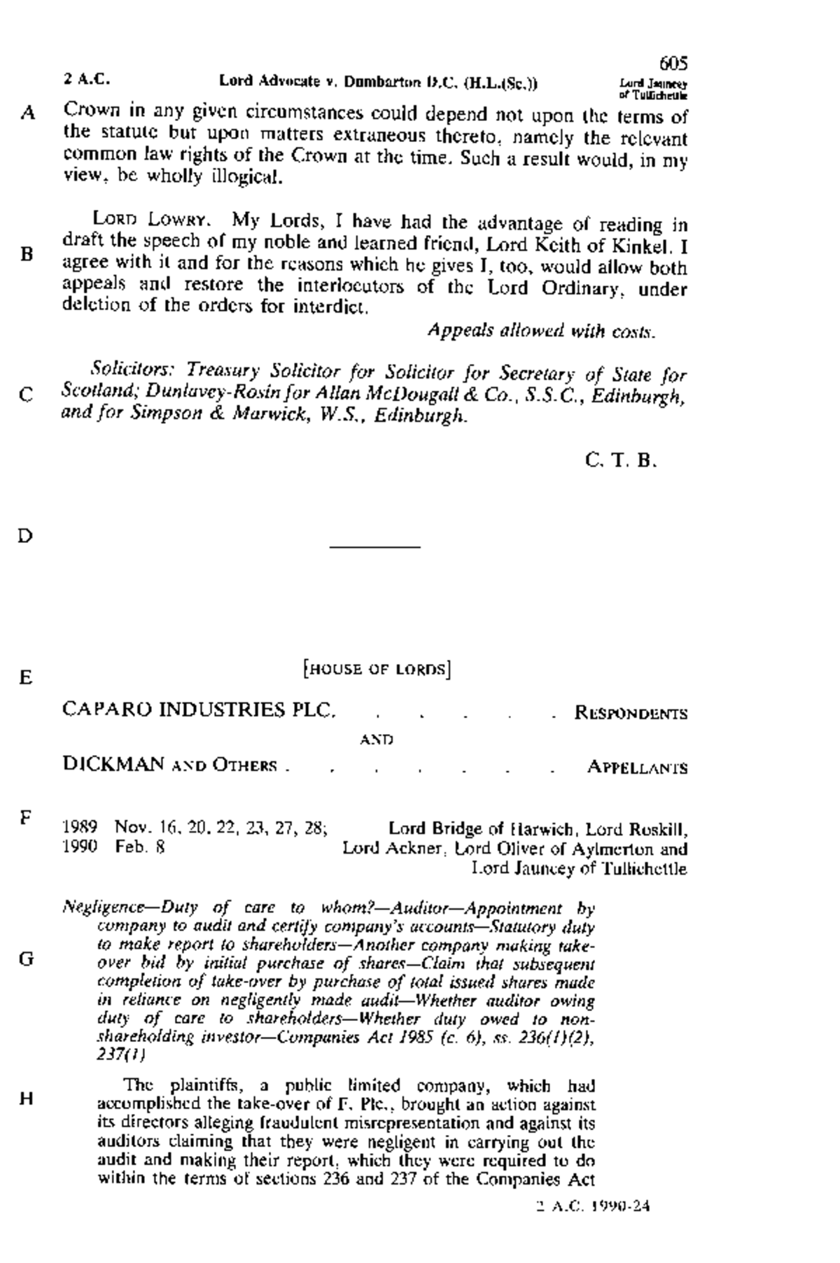 Caparo Industries PLC v Dickman 1990 UHKL - Law of Torts - Studocu