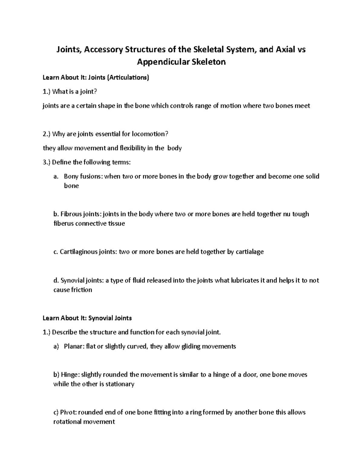 Joints Accessory Structures of the Skeletal System and Axial vs