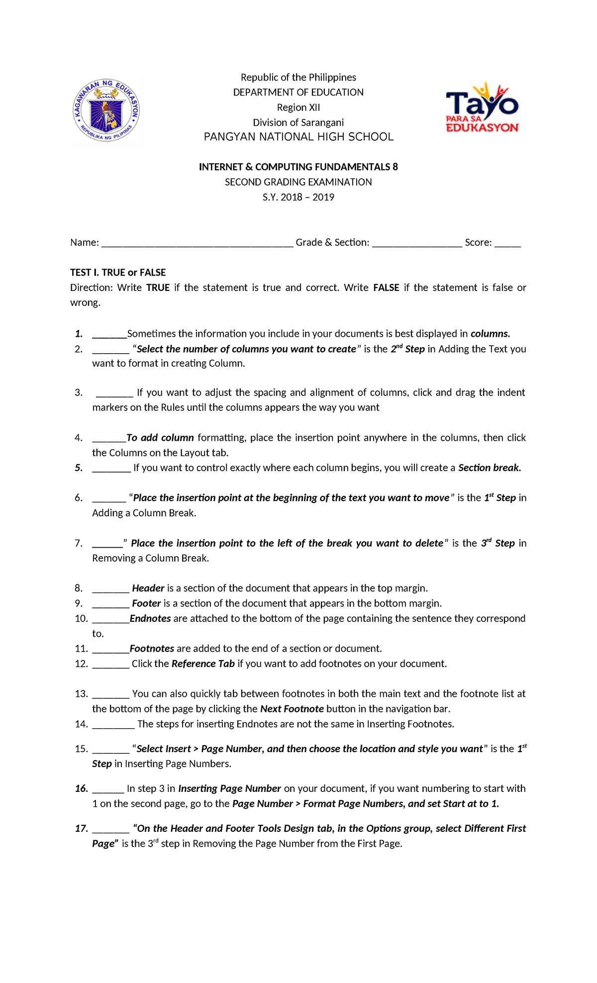 Grade 8 Second Grading Exam Republic Of The Philippines Department Of Education Region Xii 1657