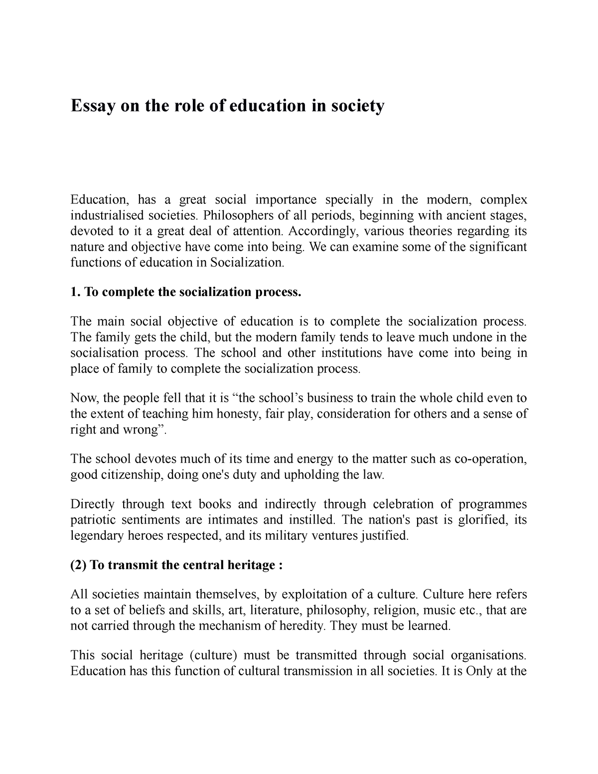 write an essay about the role of education in society