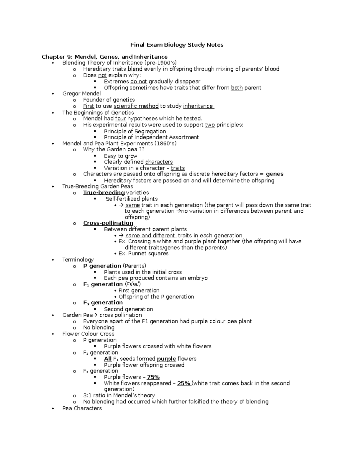 Final Exam Biology Study Notes - o His experimental results were used ...