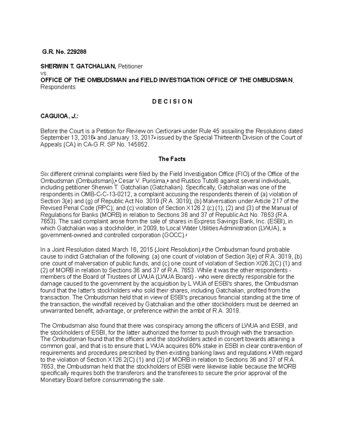 Gatchalian v Office of the Ombudsman - G. No. 229288 SHERWIN T ...