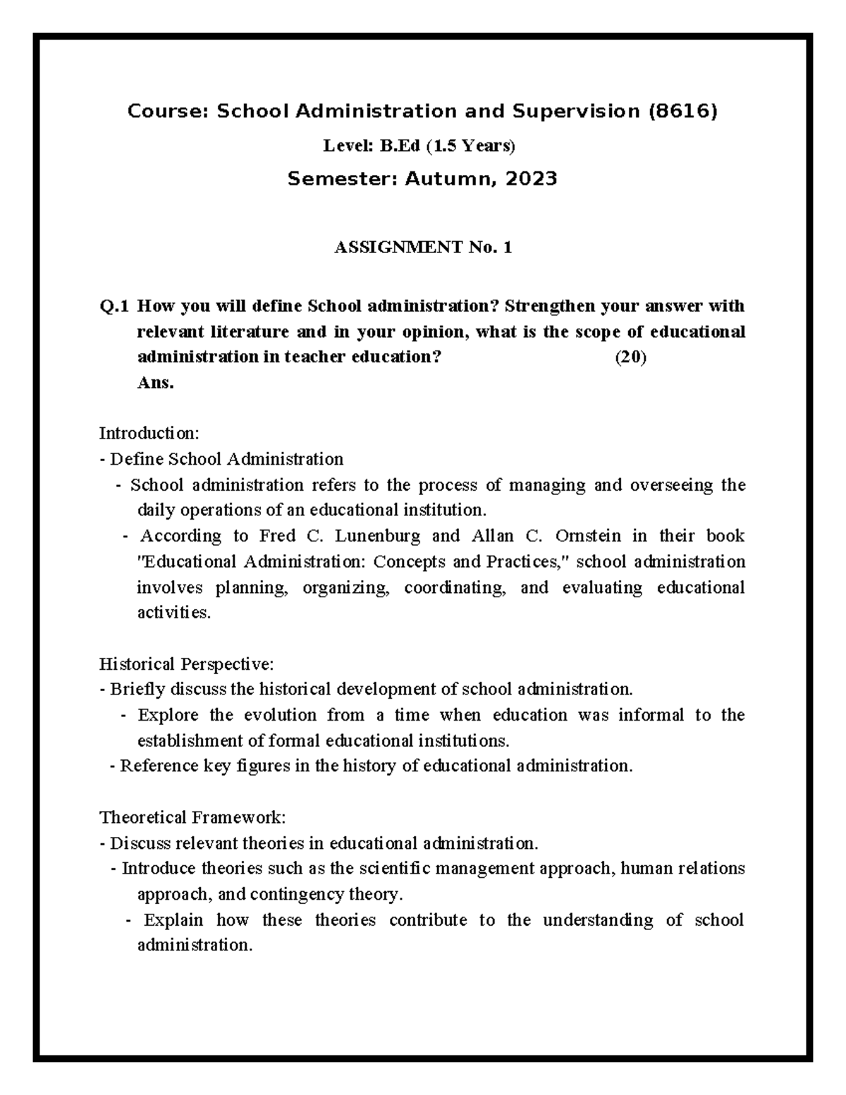 8616-1 A - 8616 Assignment - Course: School Administration and ...