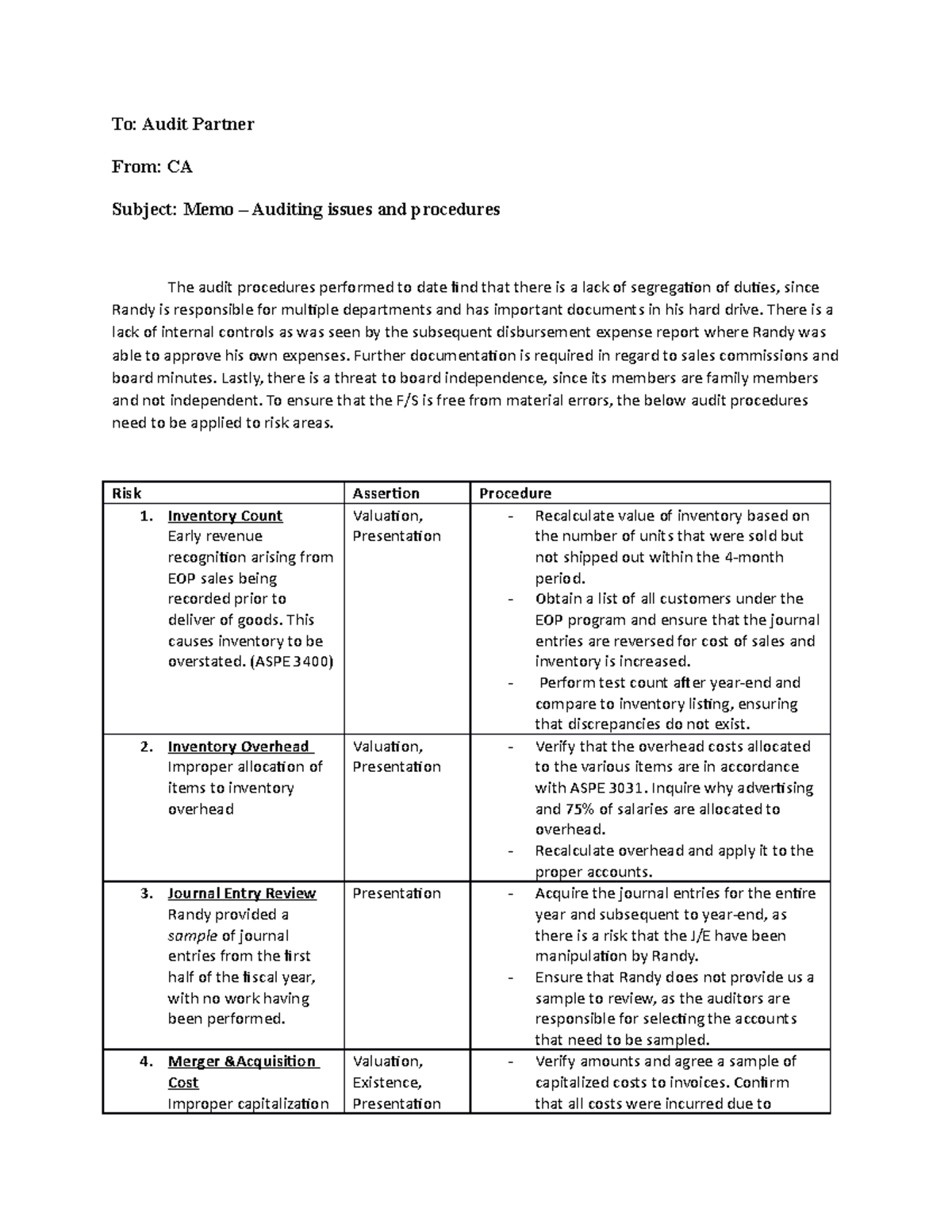 Assignment 3 - Memo – Auditing issues and procedures - To: Audit ...
