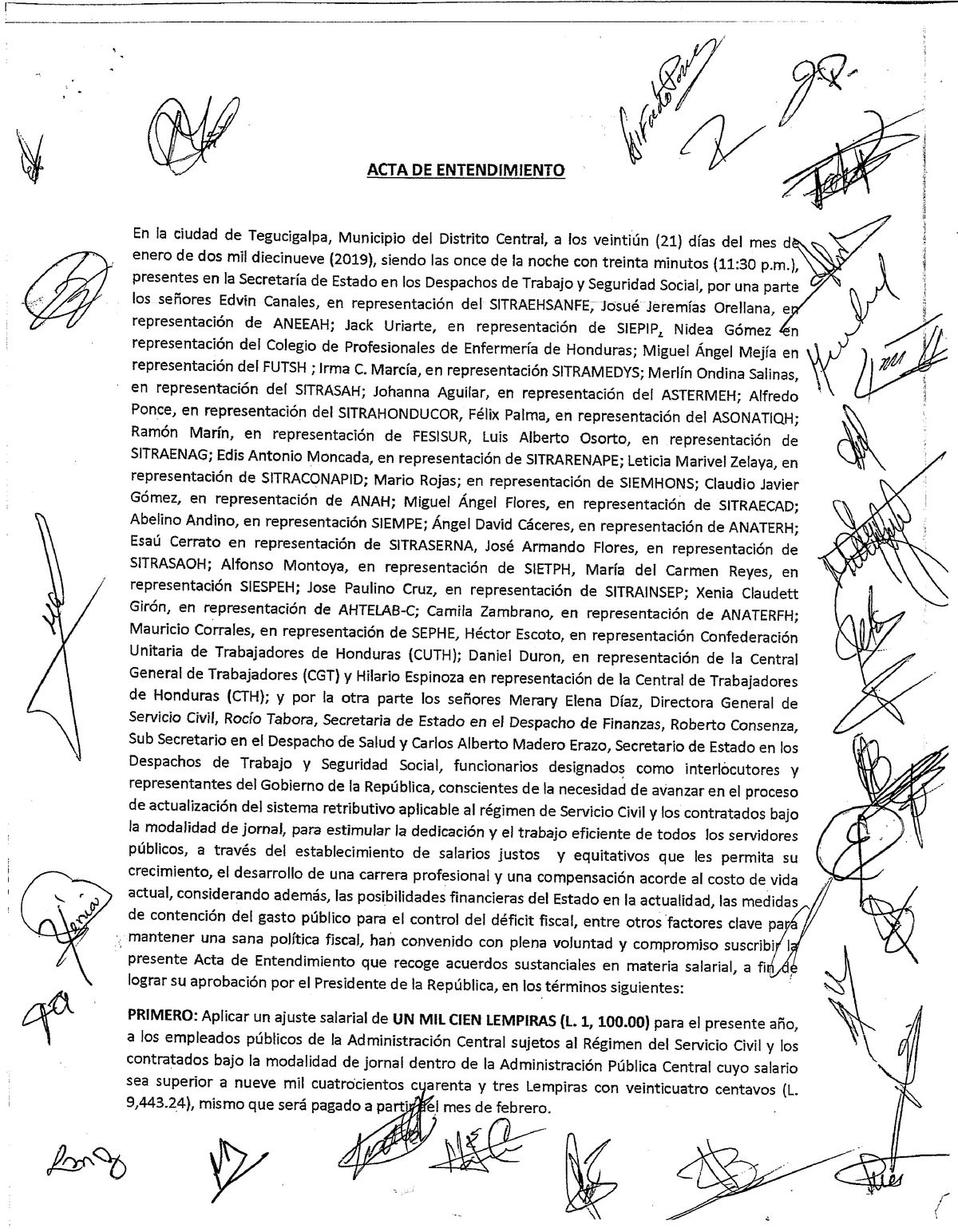 Acta De Entendimiento Aumento Lps 1100 21 De Enero De 2019 1 Derecho