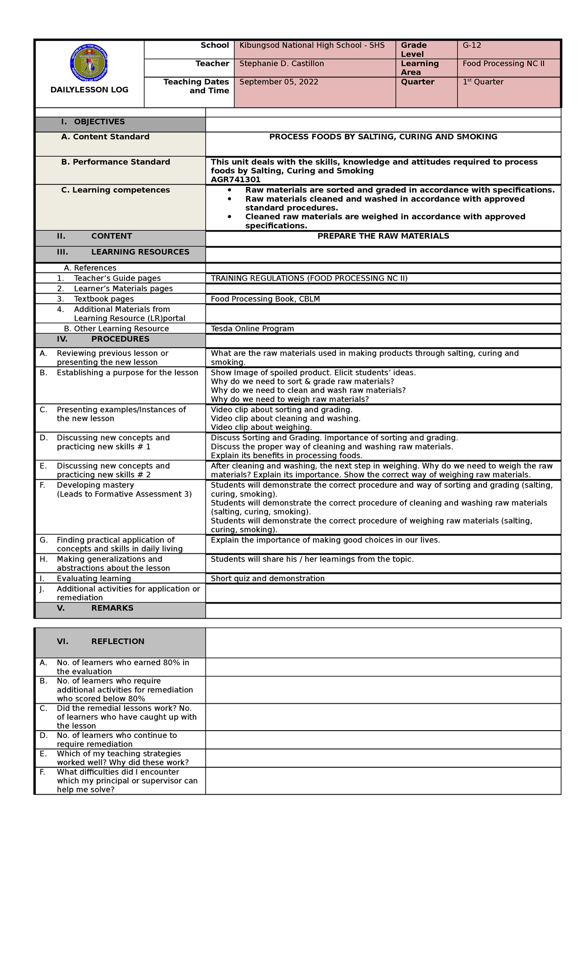 Food Processing - DAILYLESSON LOG School Kibungsod National High School ...