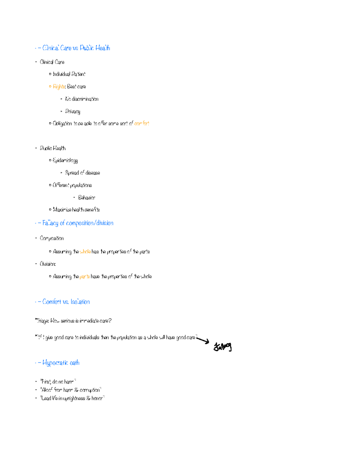 L3 PH251 Medical Ethics Class notes — Clinical Care vs Public