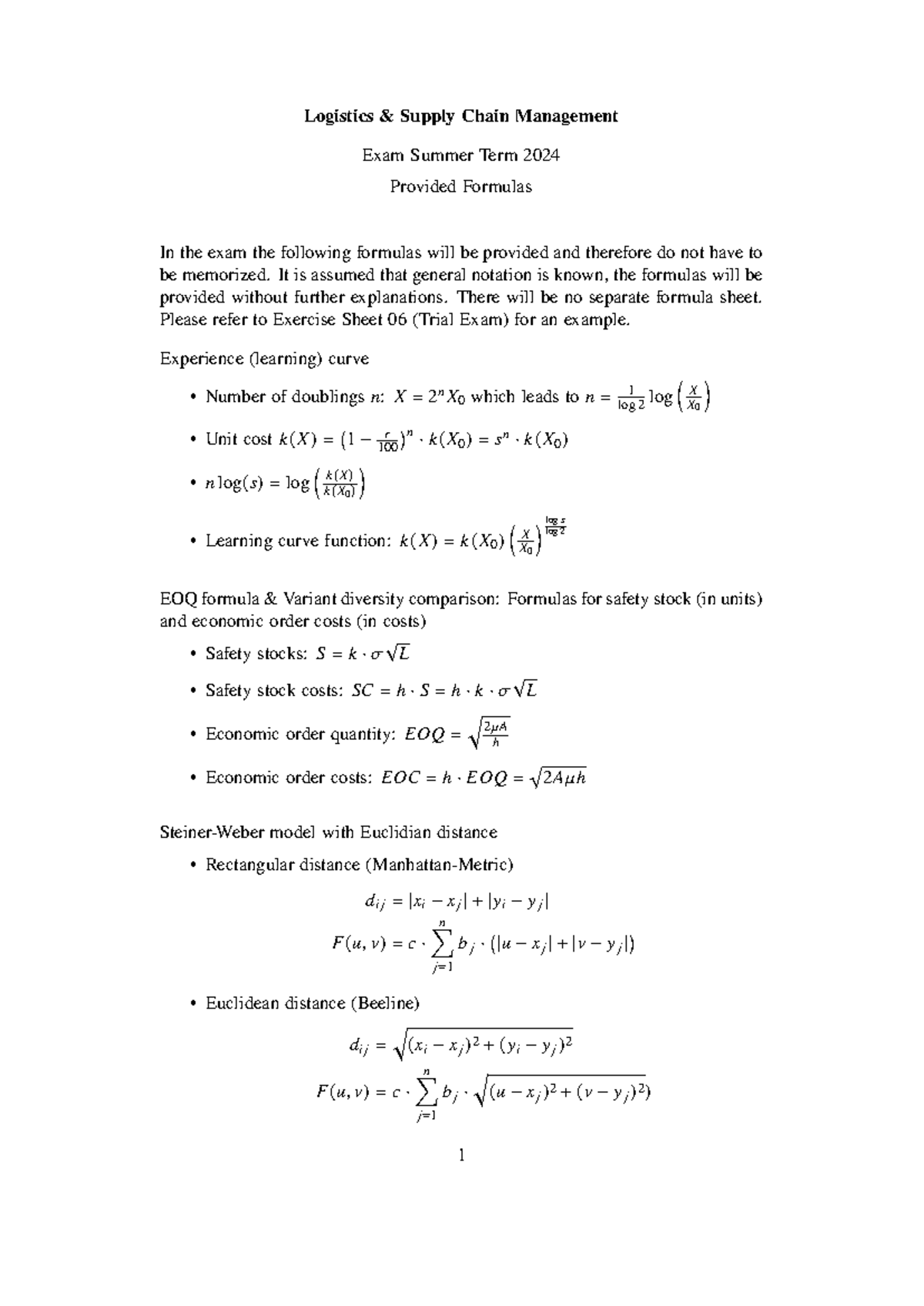 Formulas for the exam - Logistics & Supply Chain Management exam summer ...