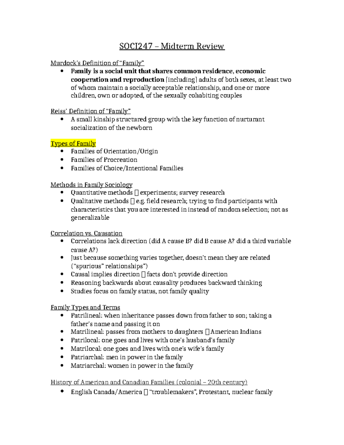 Midterm review 247 - SOCI247 – Midterm Review Murdock’s Definition of ...