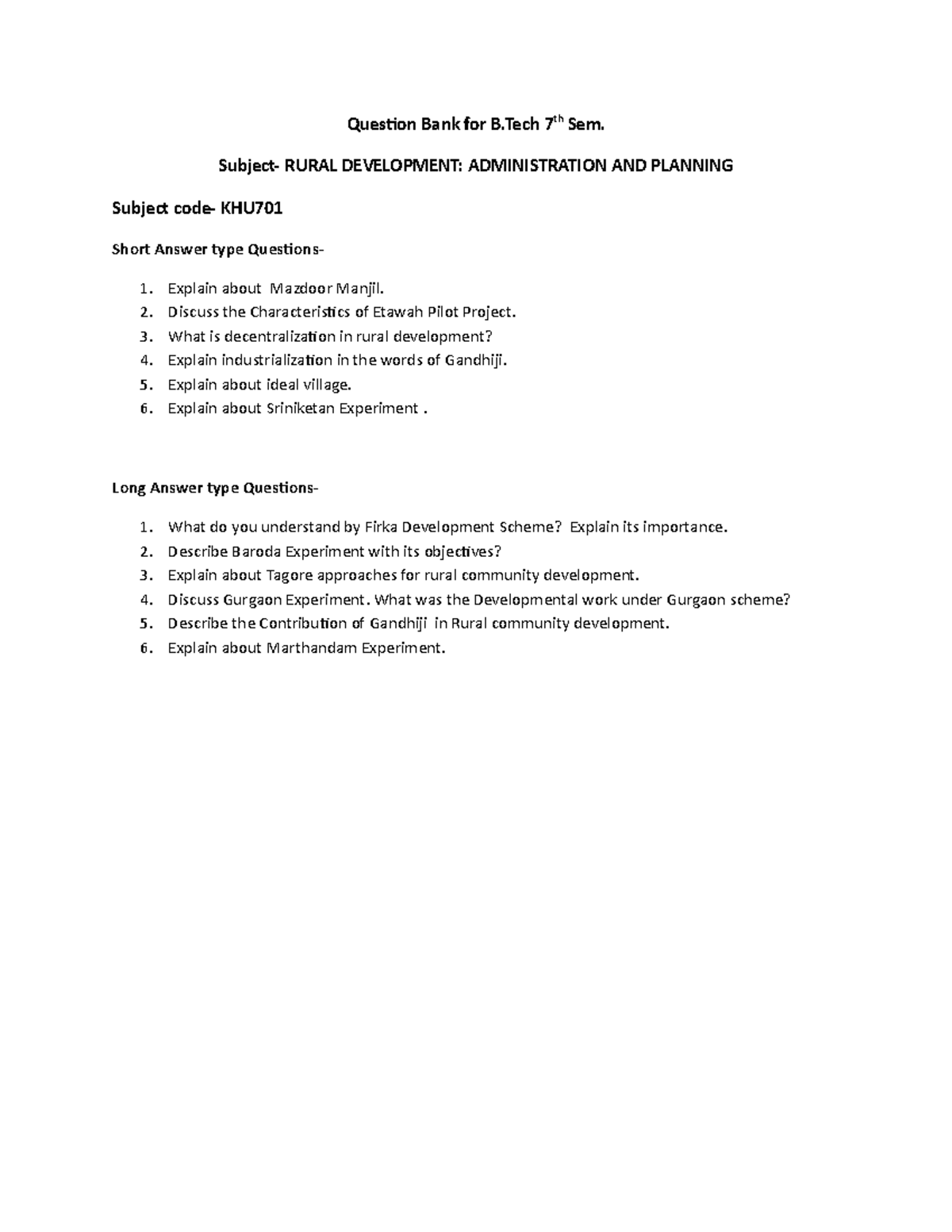 RDAP Question Bank unit 2 - Question Bank for B 7th Sem. Subject- RURAL ...