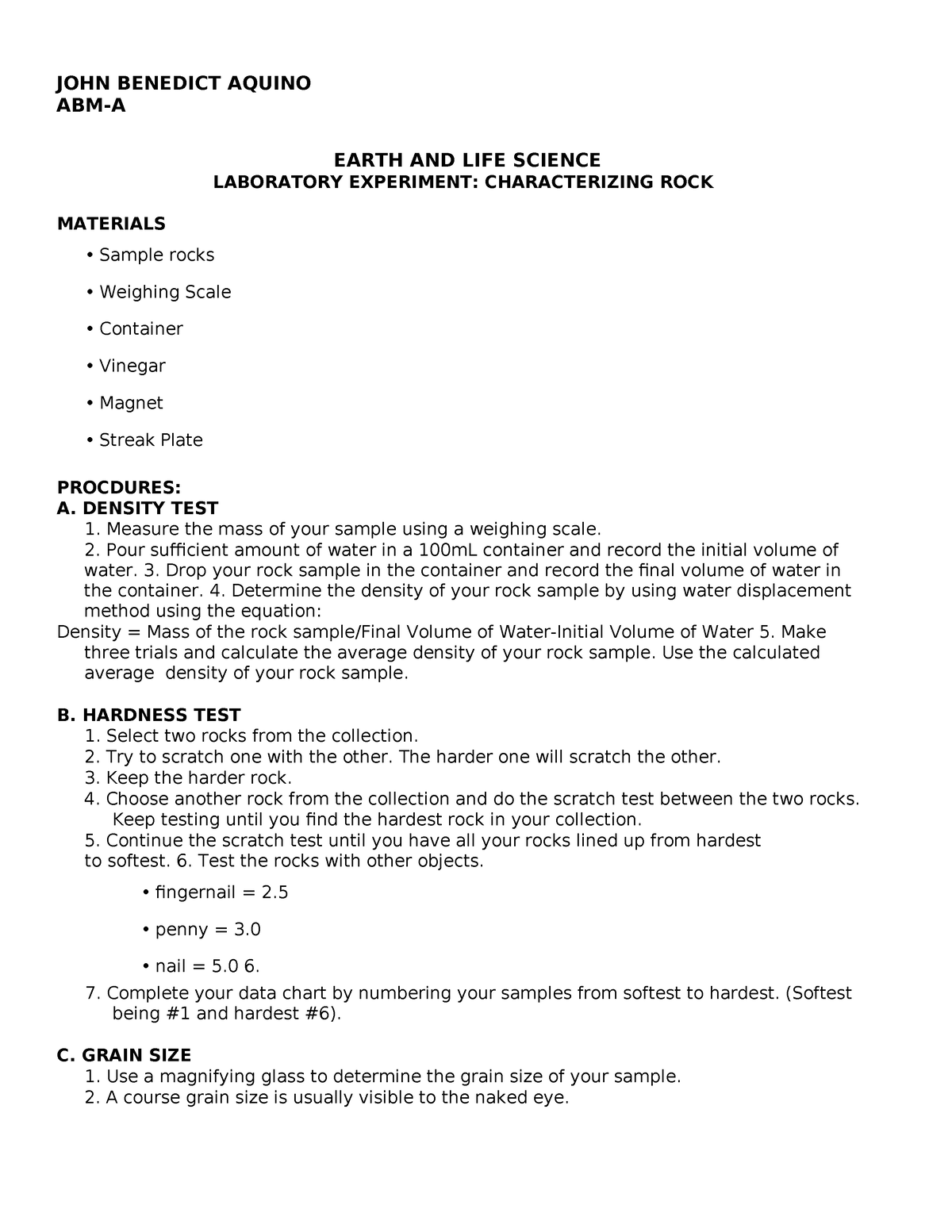 Laboratory Experiment Characterizing ROCK - JOHN BENEDICT AQUINO ABM-A ...