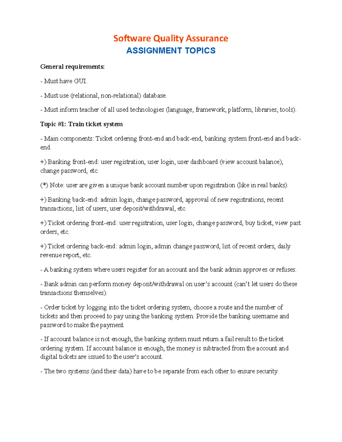 Assignment Topics - áddddddddđ - Software Quality Assurance ASSIGNMENT ...