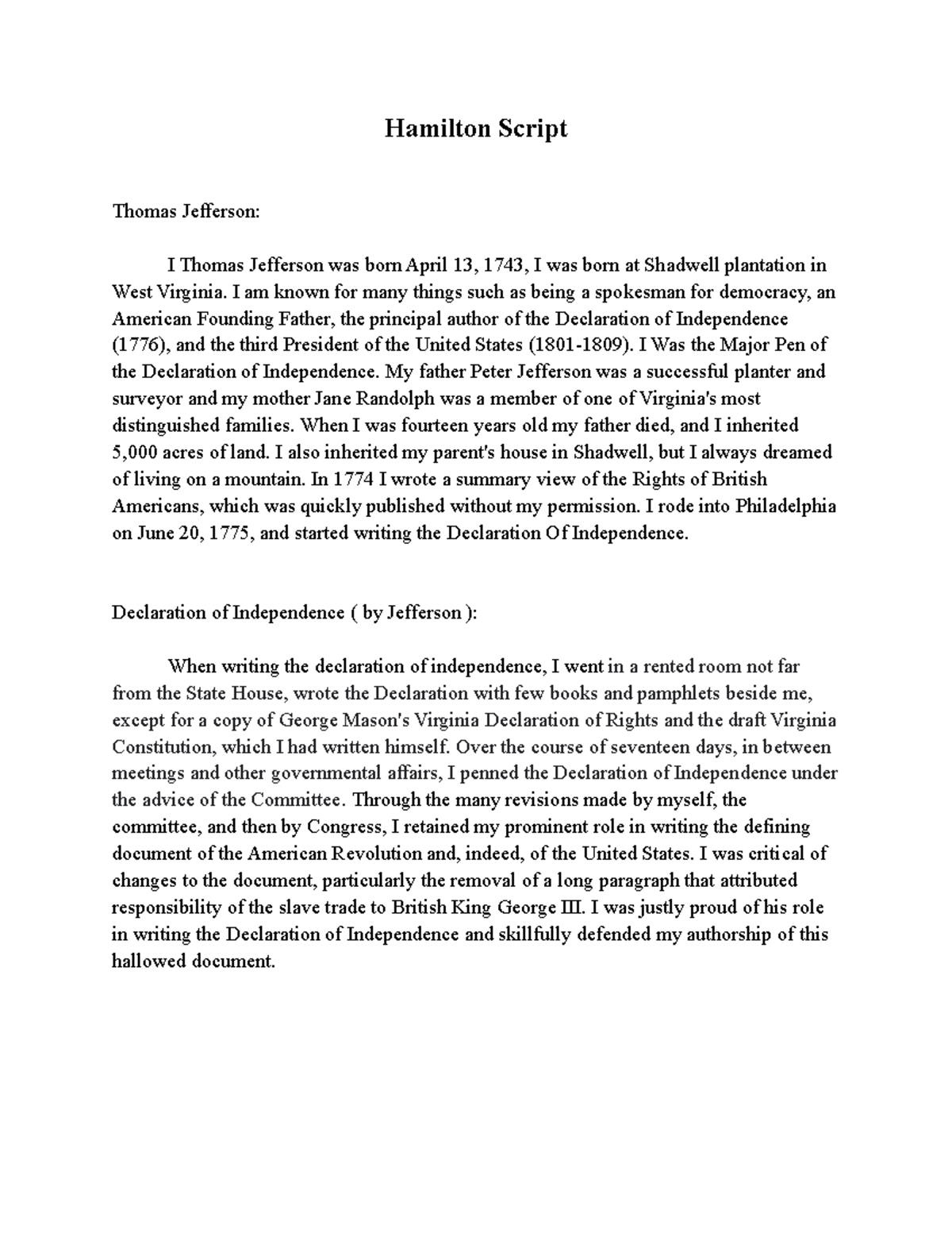 Hamiton script Hamilton Script Thomas Jefferson I Thomas Jefferson