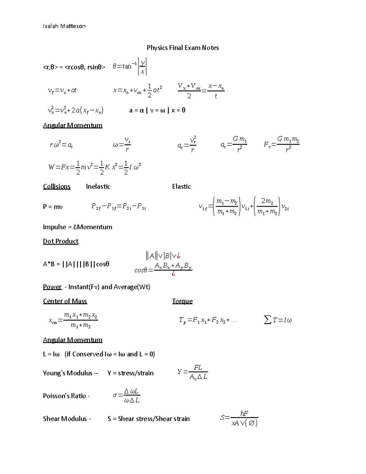 Physics Final Exam Notes - Isaiah Matteson Physics Final Exam Notes ...