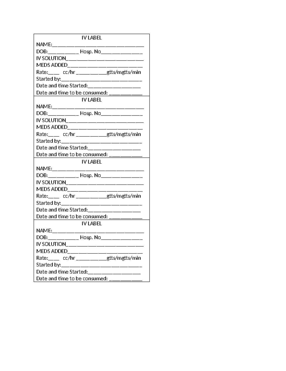 IV Label - IV LABEL NAME:_________________________________ DOB ...