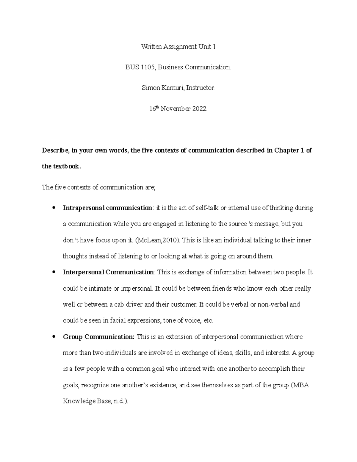 Written Assignment Unit 1 - Bussiness Communications - BUS 1105 ...