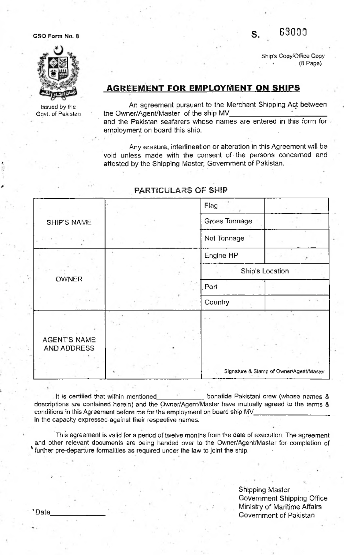 Agreement of employment on ship form 8 - GSO Form No. 8 S. 63000 Ship’s ...