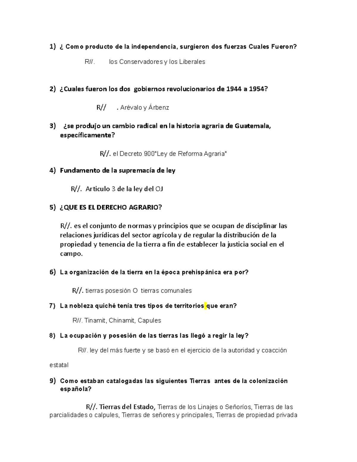 Cuestionario Agrario - 1) ¿ Como Producto De La Independencia ...