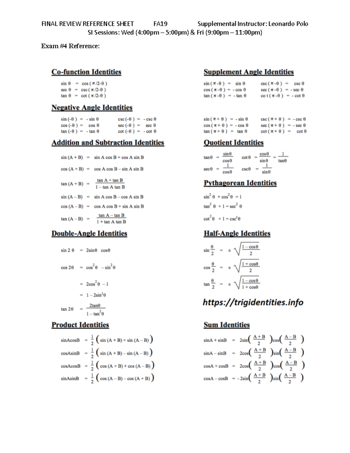 Last Quarter: Extended Trigonometry - SI Sessions: Wed (4:00pm – 5:00pm ...