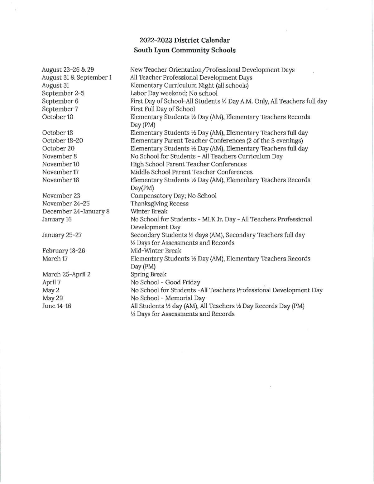 22.23 District Calendar District Calendar South Lyon Community