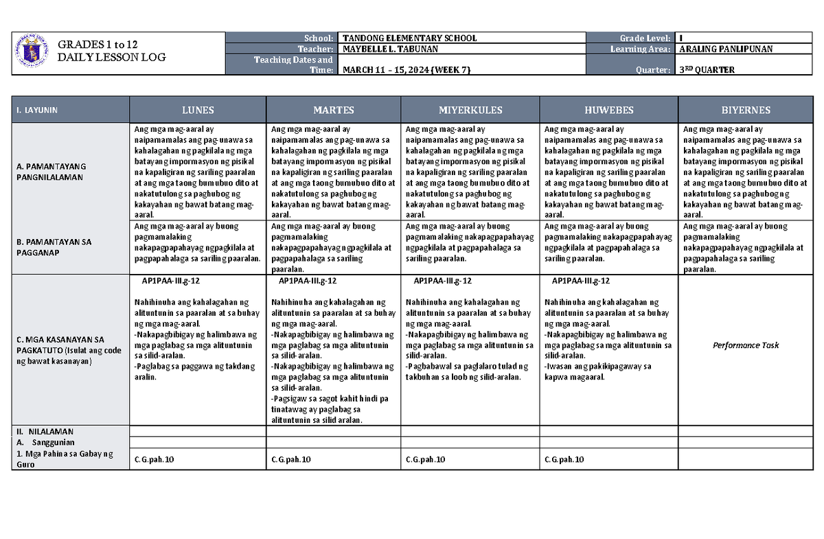 DLL Araling Panlipunan 1 Q3 W7 - GRADES 1 to 12 DAILY LESSON LOG School ...