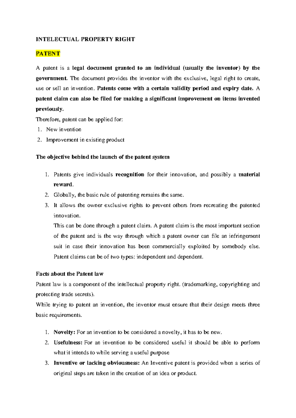 COI Unit IV - good notes - INTELECTUAL PROPERTY RIGHT PATENT A patent ...